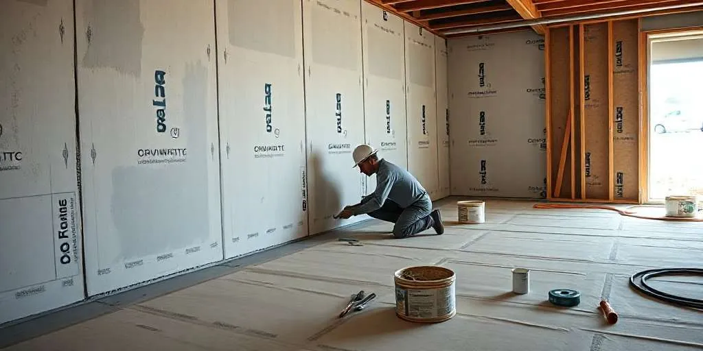 A person wearing a hat is kneeling and working on drywall installation in a partially finished room. The floor is covered with paper, and there are tools and paint cans scattered around. Exposed beams and a window are visible in the background.