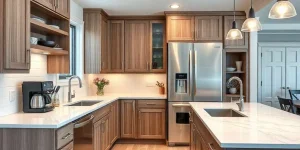 A modern kitchen with wooden cabinets, white countertops, and stainless steel appliances. The room has pendant lights hanging over the island and assorted kitchenware on the shelves. There's a vase with flowers on the counter.