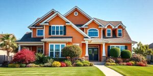 A two-story house with bright orange siding and white trim, featuring several large windows. The front yard is landscaped with colorful shrubs and a manicured lawn. A clear blue sky is in the background.