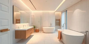 A modern bathroom features a freestanding bathtub, a glass-enclosed shower, and a wooden vanity with two sinks and a large mirror. Warm lighting highlights the sleek, minimalist design. A towel hangs on a rack, adding a touch of color.