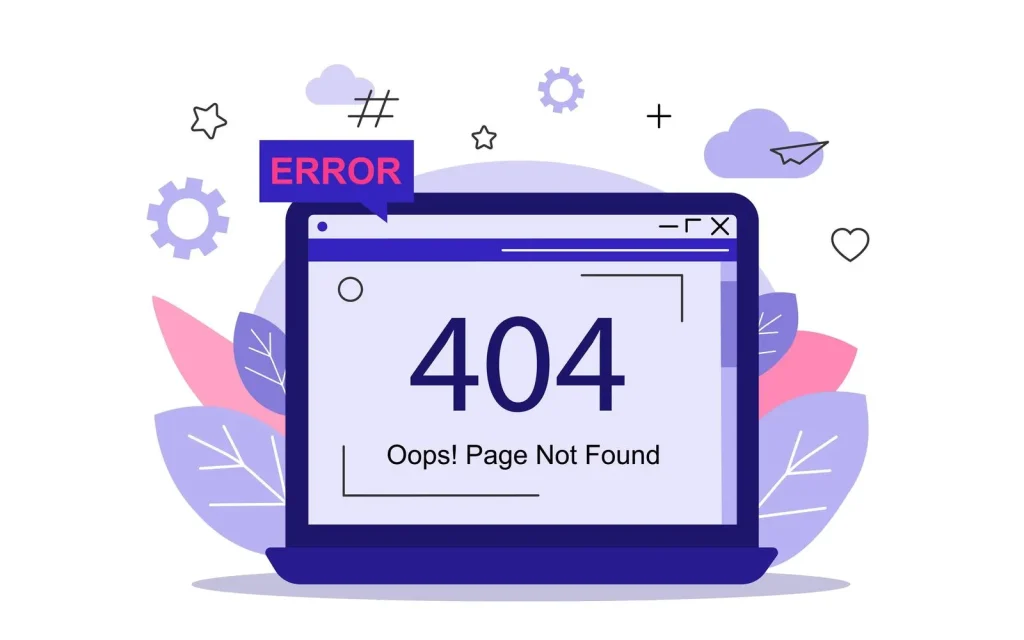 Illustration of a computer screen displaying a "404 Error: Oops! Page Not Found" message. The background features decorative gears, leaves, stars, and a paper airplane, creating a whimsical atmosphere.