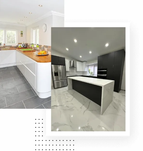 Side-by-side comparison of two modern kitchen designs. The left features white cabinetry, wooden countertops, and gray tiled flooring. The right showcases sleek black and white cabinetry, a marble island, and glossy white tiled floors.