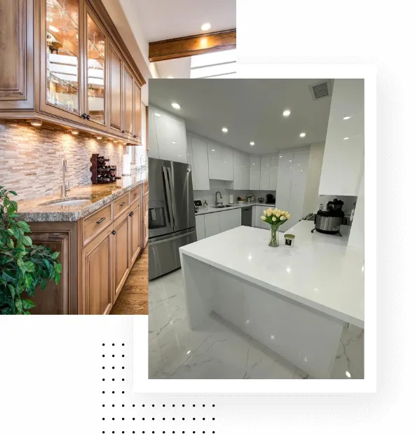 A split image of two kitchens: one with wooden cabinets, stone backsplash, and warm lighting; the other with sleek white cabinets, a marble floor, and modern appliances. A vase with yellow flowers decorates the countertop in the white kitchen.