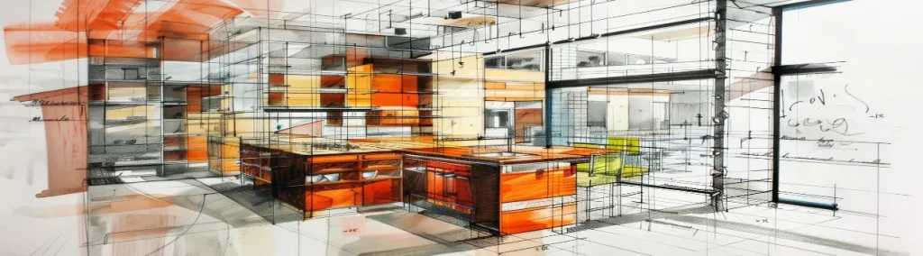 A vibrant architectural sketch of a modern kitchen features a central island with orange accents, floating shelves, large windows, and high ceilings. The design combines structural lines with dynamic splashes of color for a contemporary look.