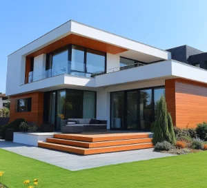 Modern two-story house with large glass windows, white and wood-paneled exterior, and a spacious patio. The front yard features a well-maintained lawn and landscaped garden. A clear blue sky is in the background.