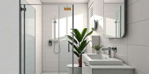 Discover a beautifully remodeled bathroom featuring a sleek glass-enclosed shower, a rectangular sink with an elegant mirror above, and a charming potted plant by the shower. The pristine white tiles on the walls and floor create an inviting space where natural light streams in abundantly.