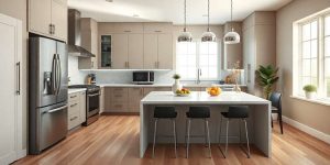 Modern kitchen with beige cabinets, stainless steel appliances, and a marble countertop island. Three pendant lights hang above the island with three barstools. A window lets in natural light, and there's a potted plant in the corner.