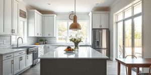 Recently remodeled kitchen featuring sleek, modern white cabinets and a central island with a marble countertop, crowned by a gold pendant light. Two large windows and glass doors flood the space with natural light. Stainless steel appliances complement the setup, while fruit and flowers adorn the island.