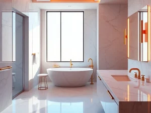 Modern bathroom with a large white freestanding tub under a tall window. Features include marble surfaces, a sleek vanity with an illuminated mirror, and gold accents like the faucet and towel rack. Neutral tones create a serene atmosphere.