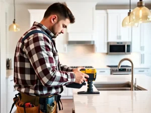 A person in a plaid shirt and tool belt uses a power drill on a kitchen countertop, embodying the expertise of remodeling contractors. The kitchen features white cabinets, a modern sink, and warm pendant lighting, creating an inviting atmosphere.