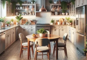 A modern kitchen features white cabinets, a patterned backsplash, and potted plants. A round wooden table with four chairs sits in the center. Pendant lights hang above, and stainless steel appliances complete the look.