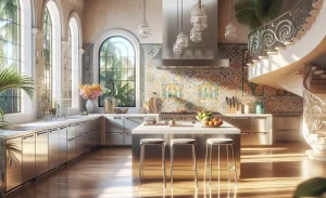 A spacious, sunlit Miami kitchen remodel features large arched windows, tropical plants, and a spiral staircase. The room boasts a patterned tile backsplash, stainless steel appliances, an island with stools, and pendant lights—creating an elegant atmosphere.