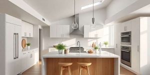 Modern kitchen with a central island, white cabinets, and stainless steel appliances. Two wooden stools are at the island, which is adorned with small potted plants. Natural light streams in through a skylight, highlighting the bright, airy design.