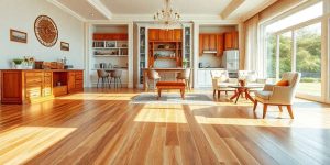 Spacious living room with sunlight streaming in. Features wooden flooring, a chandelier, and light-colored furniture. Kitchen with wooden cabinets is at the far end, and large windows offer a view of greenery outside.