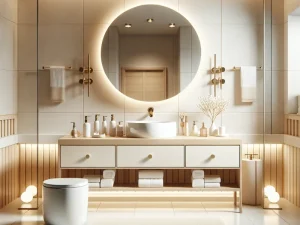 Modern bathroom with ambient lighting featuring a large circular mirror above a sleek vanity with a white basin. Toiletries and a plant decorate the counter. Soft overhead lights and warm wooden accents create a cozy atmosphere.